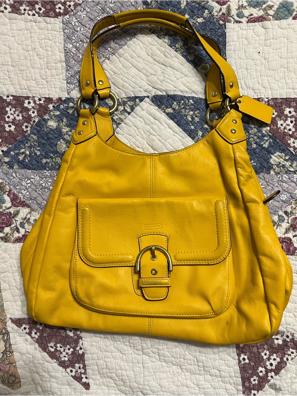 Coach Yellow Leather Shoulder Bag with Front Buckle Pocket